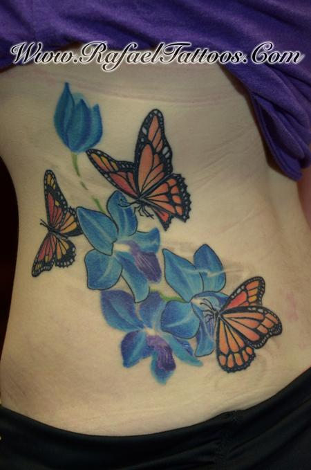 Tattoos - Blue Orchids and Monarch Butterflies - 109729